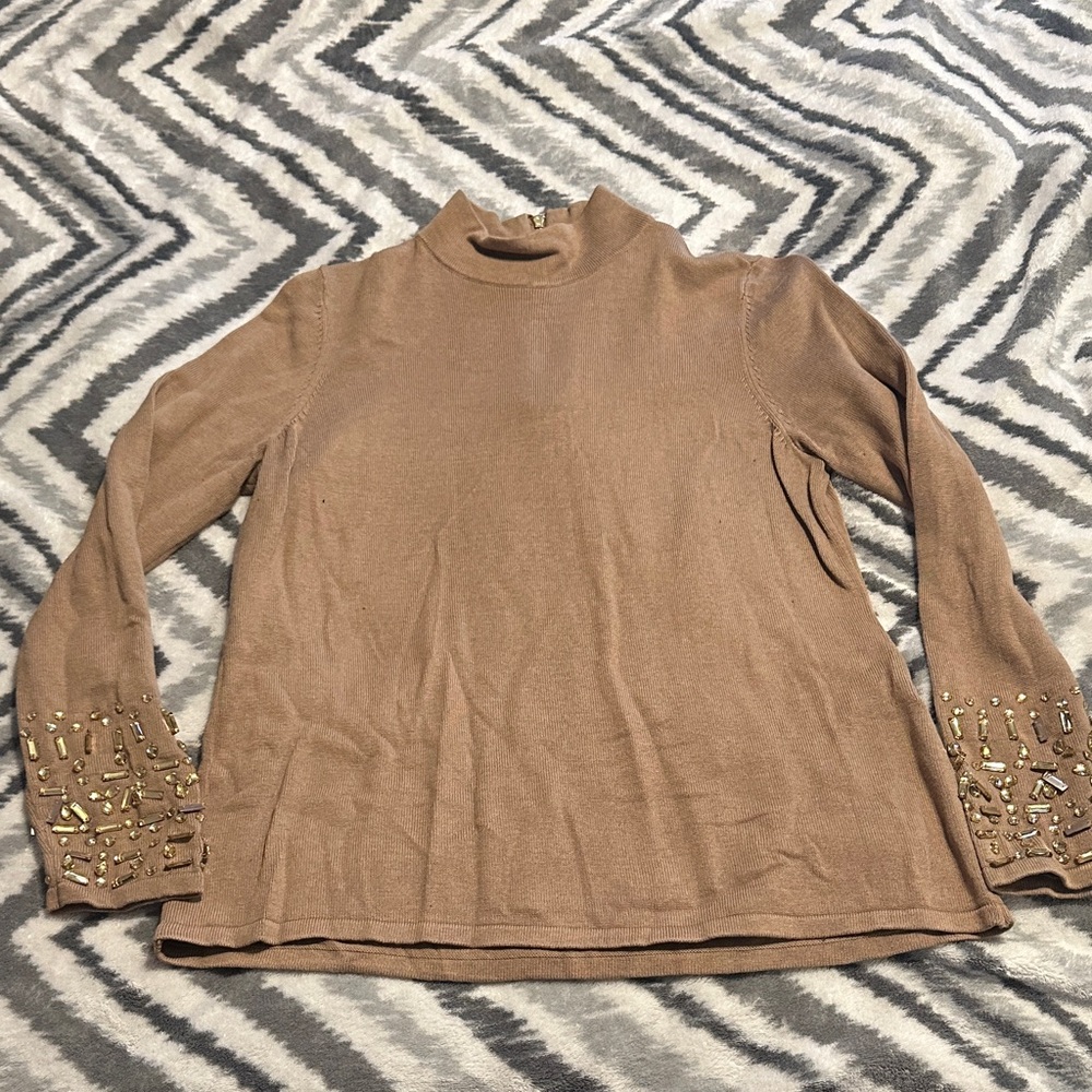 Chico's Tan Mock Neck Sweater with Beaded Cuffs